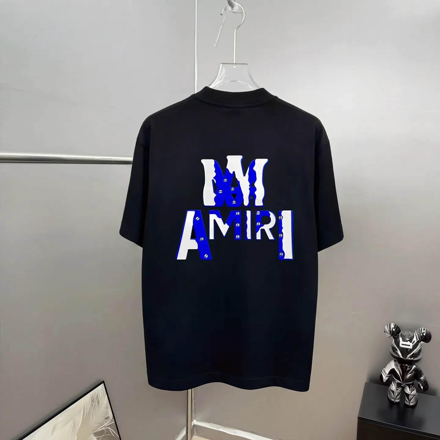 ami～Thick plate silver-plated graffiti three-dimensional glue "differentiation currency fabric" double yarn pure cotton, tight yarn short-sleeved T-shirt, the upper body is very comfortable, the same style for men and women, dropped shoulders and loose version Color: Black White Coffee Brown Size: S (90-130 pounds) M (125-150 pounds) L (135-165 pounds) XL (160-190 pounds) XXL (185-220 pounds)